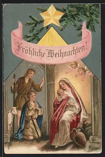 AK Maria mit ihrem Sohn im Arm, Schäfer vor dem Stall, Weihnachten