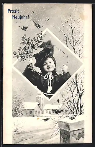 AK Kleiner Schornsteinfegermit Mistelzweig, Prosit Neujahr