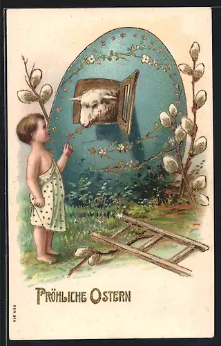 AK Kleines Mädchen füttert ein Schaf, Fröhliche Pfingsten