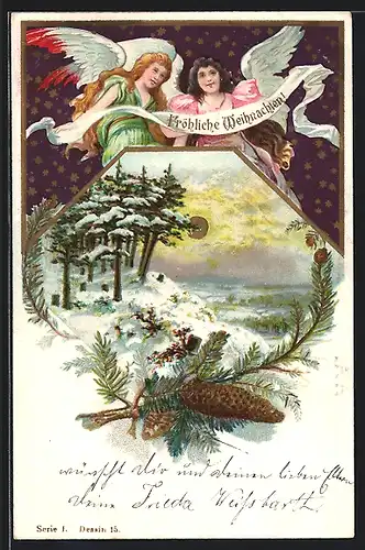 AK Zwei Weihnachtsengel mit Fröhliche Weihnachten Banner, Tannenzweig