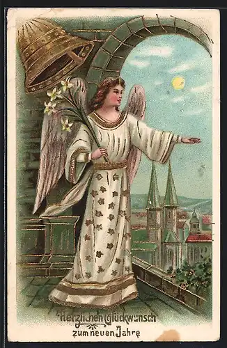 AK Neujahrsengel hält segnend die Hand über die Stadt