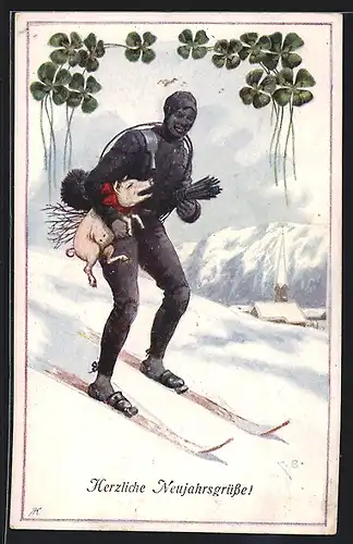 AK Schornsteinfeger auf Skiern und mit Schwein unterm Arm