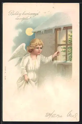 Lithographie Weihnachtsengel sieht durch ein Fenster