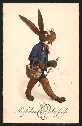 AK Osterhase mit Brille, Ostereiern und Spazierstock