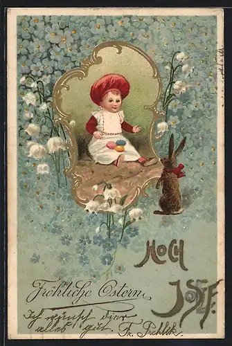 AK niedliches Mädchen mit bunten Ostereiern und Osterhase, Fröhliche Ostern