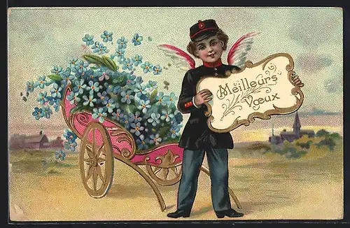 AK Engel als Postbote, Schubkarre voller Blüten