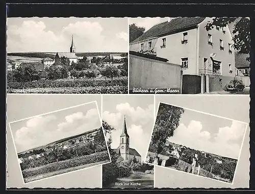 AK Waldbrunn /Ufr., Bäckerei und Gemischtwaren, Strassenpartie mit Kirche