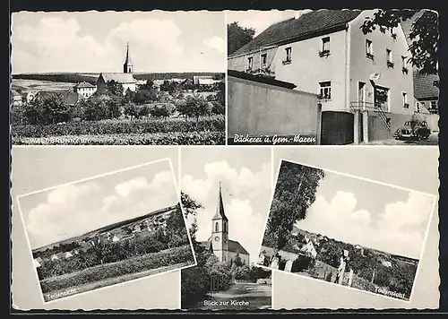 AK Waldbrunn /Ufr., Bäckerei und Gemischtwaren, Strassenpartie mit Kirche