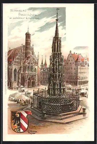 Lithographie Nürnberg, Frauenkirche u. schöner Brunnen