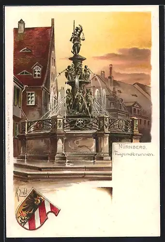 Lithographie Nürnberg, Blick auf Tugendbrunnen