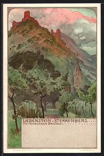Lithographie Kamp-Bornhofen, Die feindlichen Brüder Liebenstein und Sterrenberg