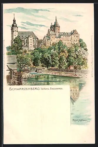 Künstler-AK Schwarzenberg i. Sächs. Erzgebirge, Ortsansicht mit Kirche und Schloss