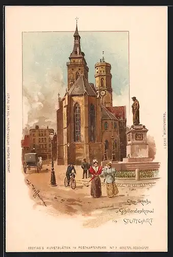 Lithographie Stuttgart, Stadtkirche und Lutherdenkmal