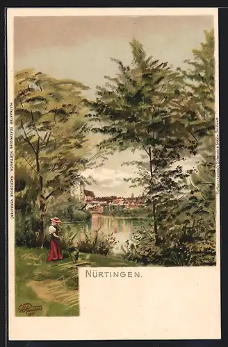 Künstler-AK Nürtingen, Blick zum Ort