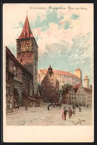 Lithographie Nürnberg, Strasse am Tiergärtner Tor mit Burgblick