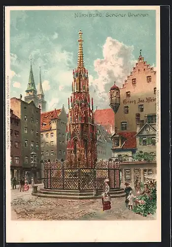 Künstler-AK Nürnberg, Schöner Brunnen am Markt