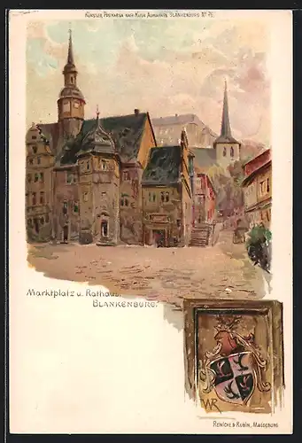 Lithographie Blankenburg, Marktplatz und Rathaus