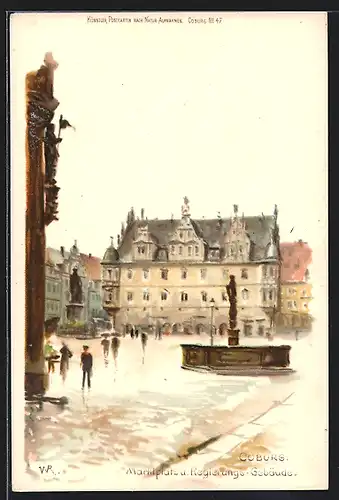 Lithographie Coburg, Marktplatz und Regierungs-Gebäude