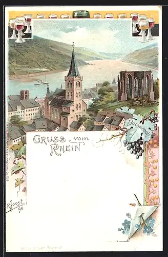 Lithographie Bacharach, Ortsansicht mit Rheinpartie