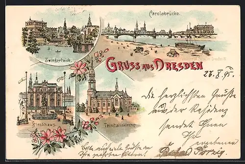 Vorläufer-Lithographie Dresden, 1895, Zwingerteich, Blockhaus, Trinitatiskirche, Carolabrücke