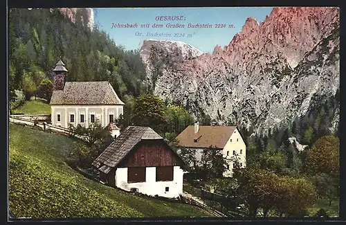 AK Johnsbach /Gesäuse, Ortspartie mit Kirche und dem Grossen Buchstein