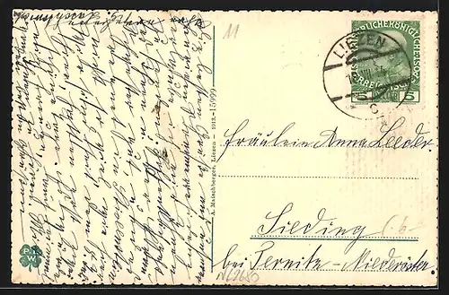 AK Liezen, Blick vom Kalvarienberg auf den Ort und Grimming