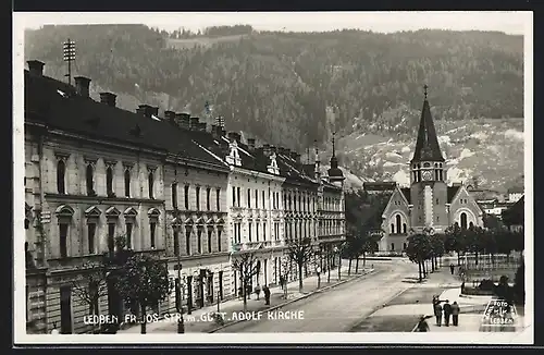 AK Leoben, Franz Josef-Strasse mit Gustav Adolf-Kirche