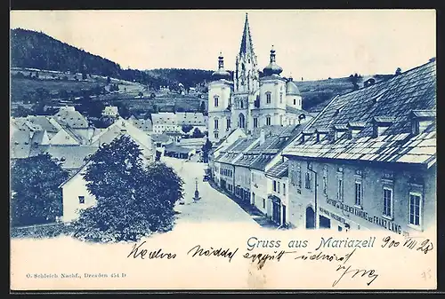 AK Mariazell, Ortsansicht mit Gasthof zur Goldenen Kanone