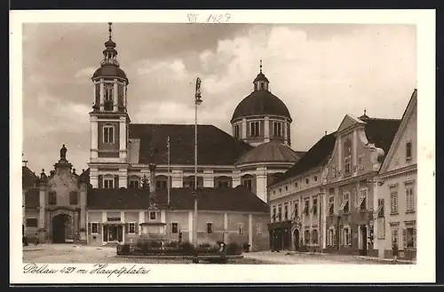 AK Pöllau, Hauptplatz mit Kirche und Denkmal