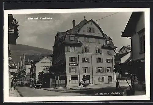 AK Ennetbaden, Badstrasse mit Hotel Post und Restaurant Traube