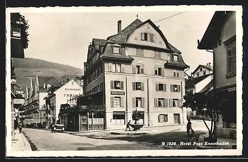 AK Ennetbaden, Badstrasse mit Hotel Post und Restaurant Traube