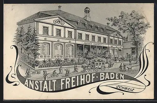 Künstler-AK Baden, Anstalt Freihof mit Kutsche