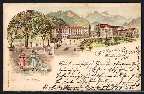 Lithographie Ragaz, Ortspartie, Lawn Tennis