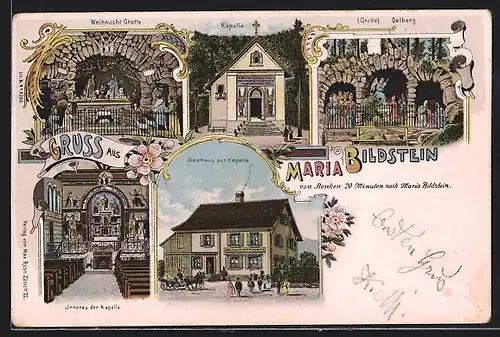 Lithographie Maria Bildstein, Weihnacht Grotte, Kapelle, Gasthaus zur Kapelle