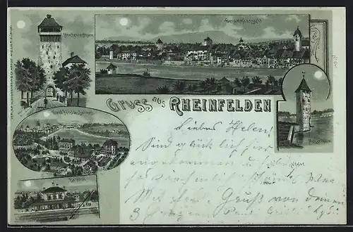 Mondschein-Lithographie Rheinfelden, Grand Hotel des Salines, Bahnhof, Storchennestturm