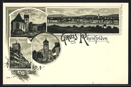Lithographie Rheinfelden, Oberes Thor, Rathaus, Comthurei-Kirche mit Garten des Hotel Dietschy