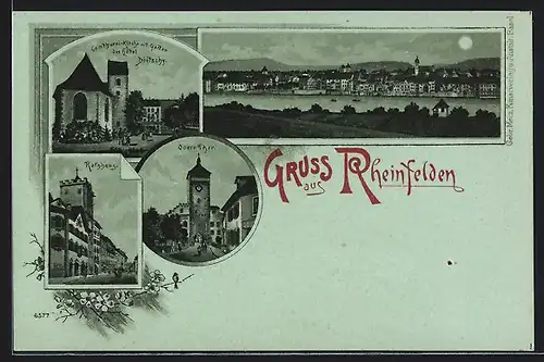 Lithographie Rheinfelden, Comthurei-Kirche mit Garten des Hotel Dietschy, Rathaus