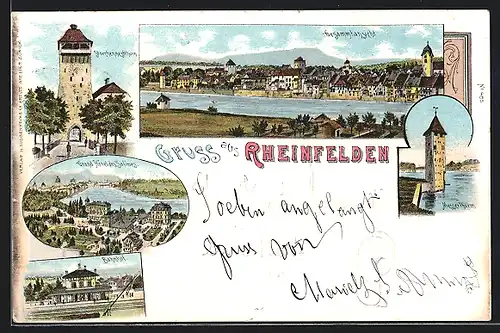 Lithographie Rheinfelden, Grand Hotel des Salines, Bahnhof, Storchennestturm