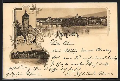 Lithographie Rheinfelden, Teilansicht mit Kirche, Obertor, Uferpartie