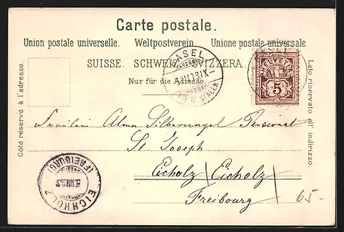 Lithographie Rheinfelden, Teilansicht mit Kirche, Obertor, Uferpartie