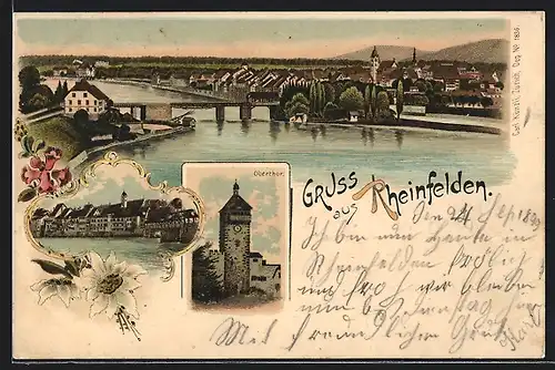 Lithographie Rheinfelden, Teilansicht mit Brücke, Obertor, Uferpartie