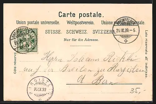 Lithographie Rheinfelden, Teilansicht mit Brücke, Obertor, Uferpartie