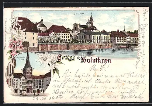 Lithographie Solothurn, Uferpartie mit Kirche, Zeitglocken-Turm