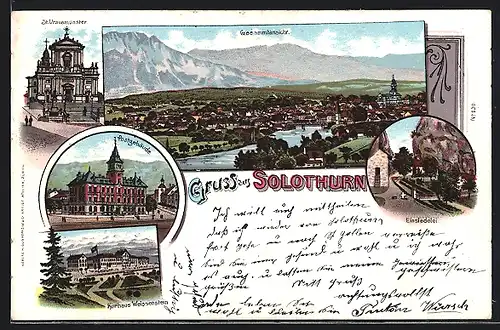 Lithographie Solothurn, Kurhaus Weissenstein, Postgebäude, St. Ursusmünster, Einsiedelei, Gesamtansicht
