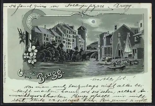 Mondschein-Lithographie Brugg, Uferpartie mit Boot