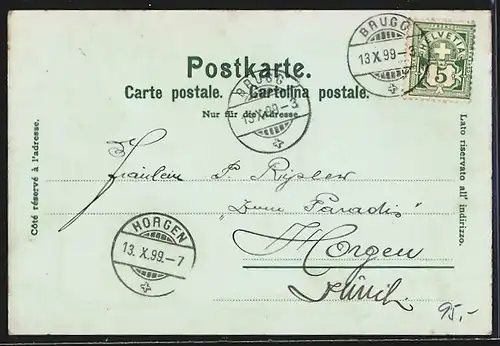 Mondschein-Lithographie Brugg, Uferpartie mit Boot