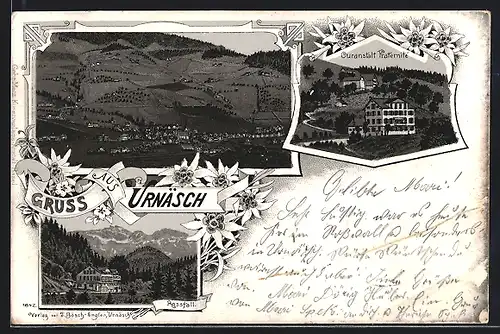 Lithographie Urnäsch, Rossfall, Curanstalt Fraternité, Gesamtansicht aus der Vogelschau, Edelweiss