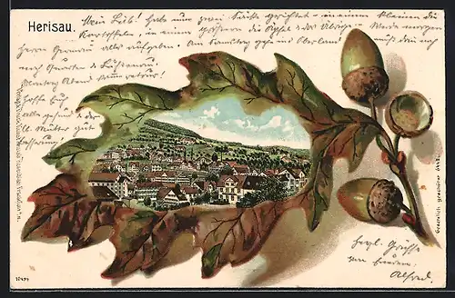 Passepartout-Lithographie Herisau, Ortsansicht im Eichenblatt
