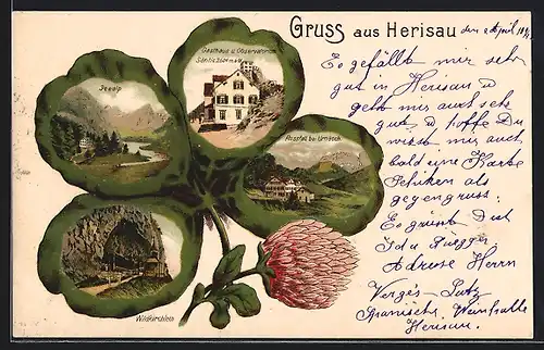 Passepartout-Lithographie Herisau, Gasthaus u. Observatorium Säntis, Wildkirchlein, Seealp im Kleeblatt-Passepartout