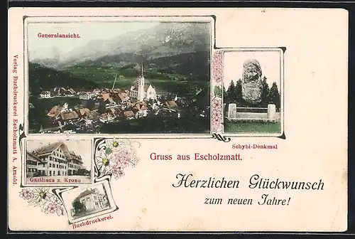AK Escholzmatt, Schybi-Denkmal, Gasthaus zur Krone, Buchdruckerei, Gesamtansicht